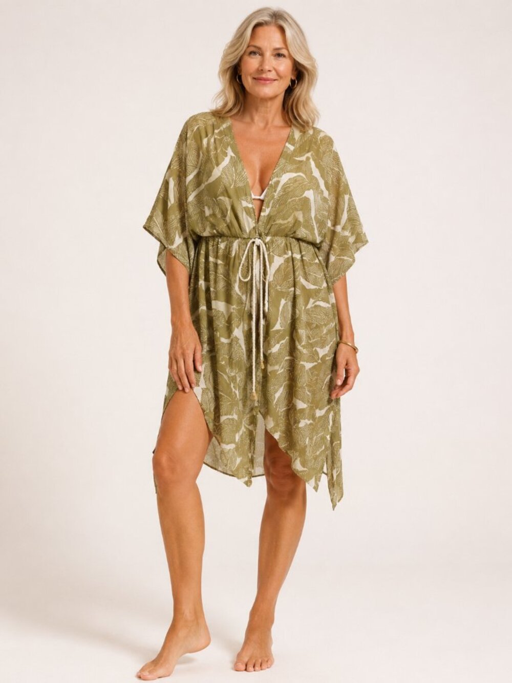 True Destinations Leaf Print Cinched Waist Robe Duster Rope Belt Kimono Size M